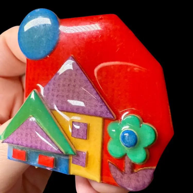 House Pins By Lucinda Lacquered Brooch - Jewel Tones Double Houses With Flower