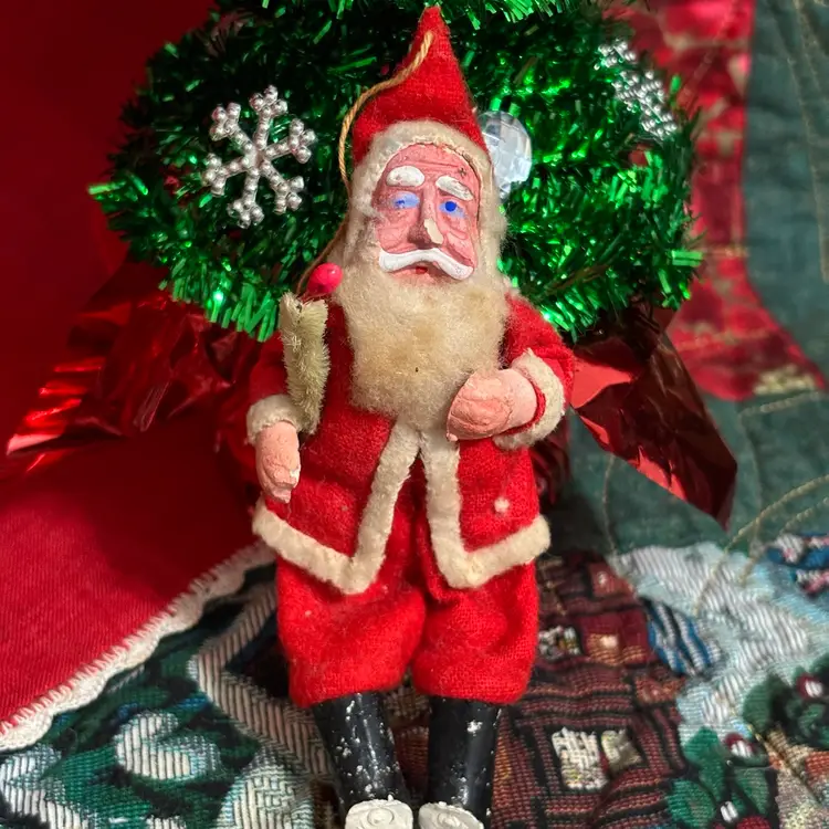C-Very Vtg Chalkware And Felt Santa Ornament Japan/German?