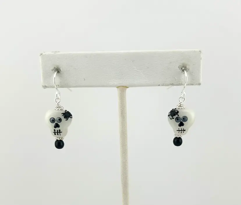 Lampwork Glass Silver Tone Skull With Spider Earrings 1.25” They GLOW!