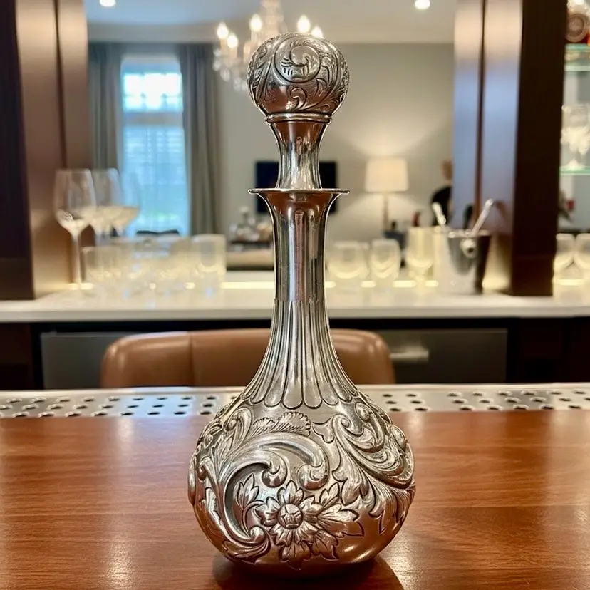 Antique Rogers Smith & Co. "quadruple" decanter sets are Victorian-era silver-plated. 10” t & 4.5” w