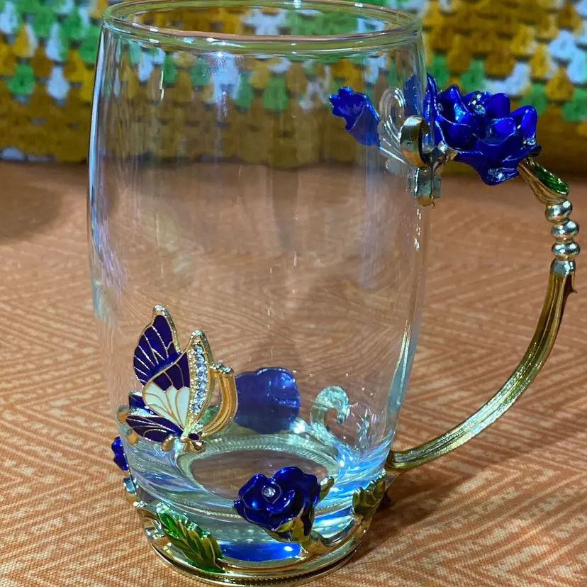 Bougie Fancy Arc Glass Enamel Metal Butterfly And Floral Mug
