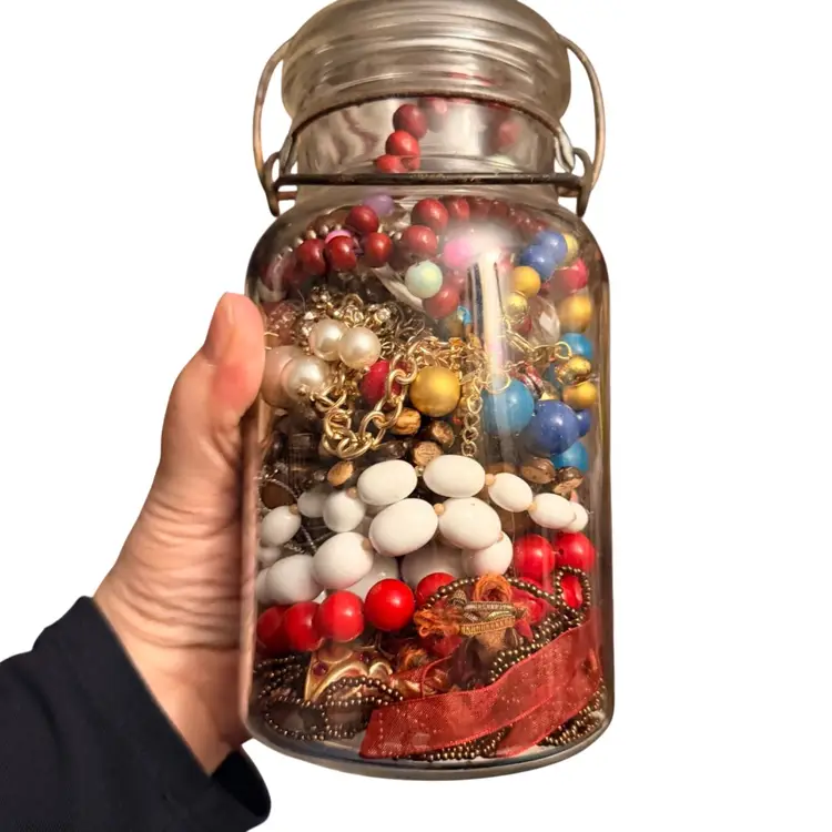 Vintage Ball Jar Filled W/ Costume Jewelry Jars  8” Necklaces , Rings, Bracelets