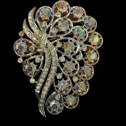 Beautiful Vintage Silvertone Coro Pegasus 1950s Aurora Borealis Glass Rhinestone Brooch. Yes Breath Taking Piece!!!
