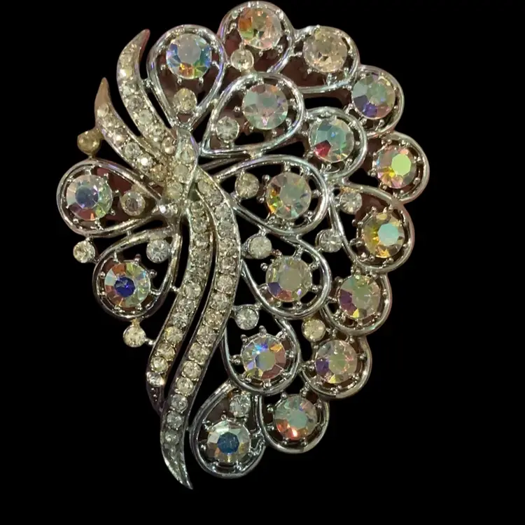 Beautiful Vintage Silvertone Coro Pegasus 1950s Aurora Borealis Glass Rhinestone Brooch. Yes Breath Taking Piece!!!