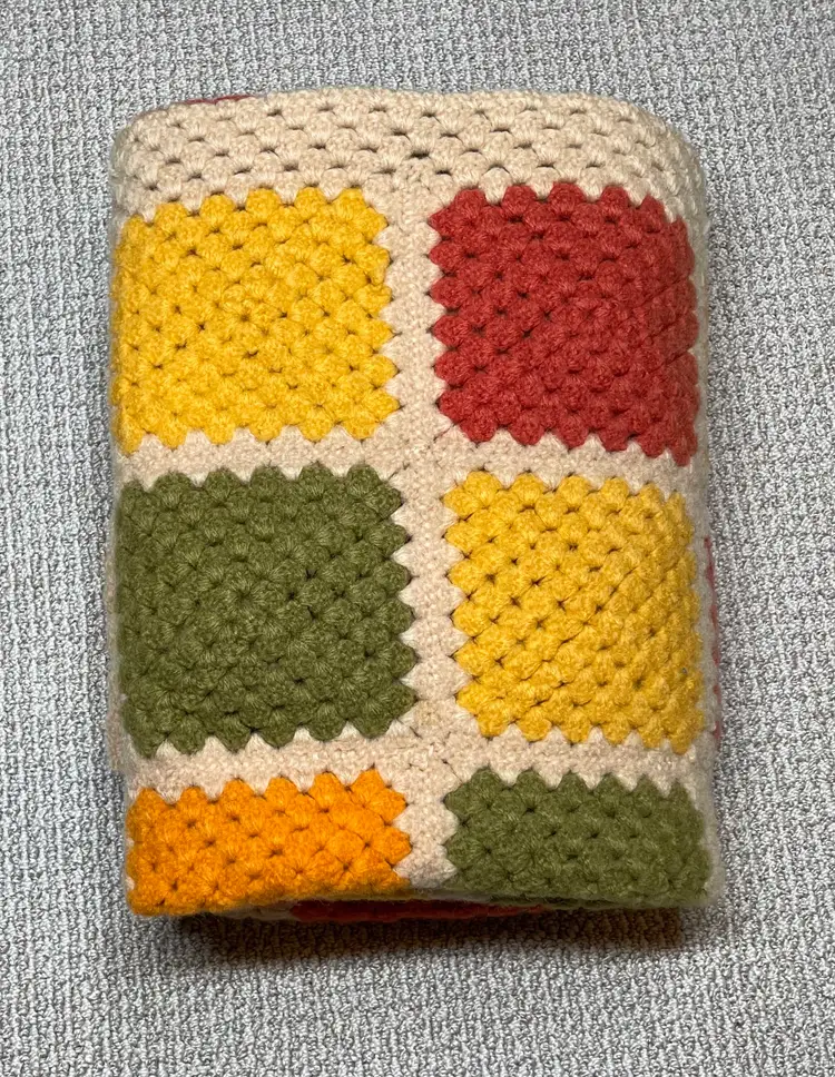 Granny Square Afghan Lap Throw Blanket - Tan Red Yellow Orange Green Squares