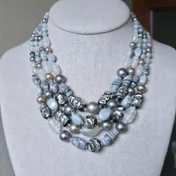 Vintage Glass Beaded Gray White Metalic Necklace