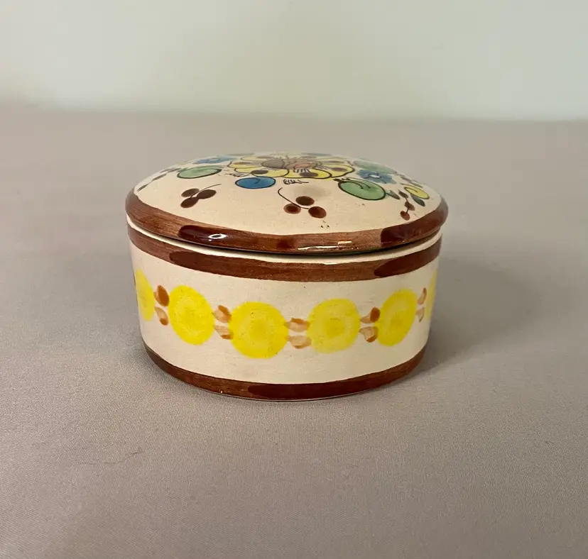 Vintage Mexican cream, blue, green, & yellow Mexican round trinket box