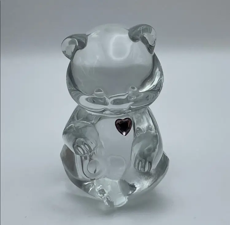 Glows (With UV Light), Clear Glass, Fenton, February Birthday Bear, Amethyst/Purple Heart, Stamp and Sticker