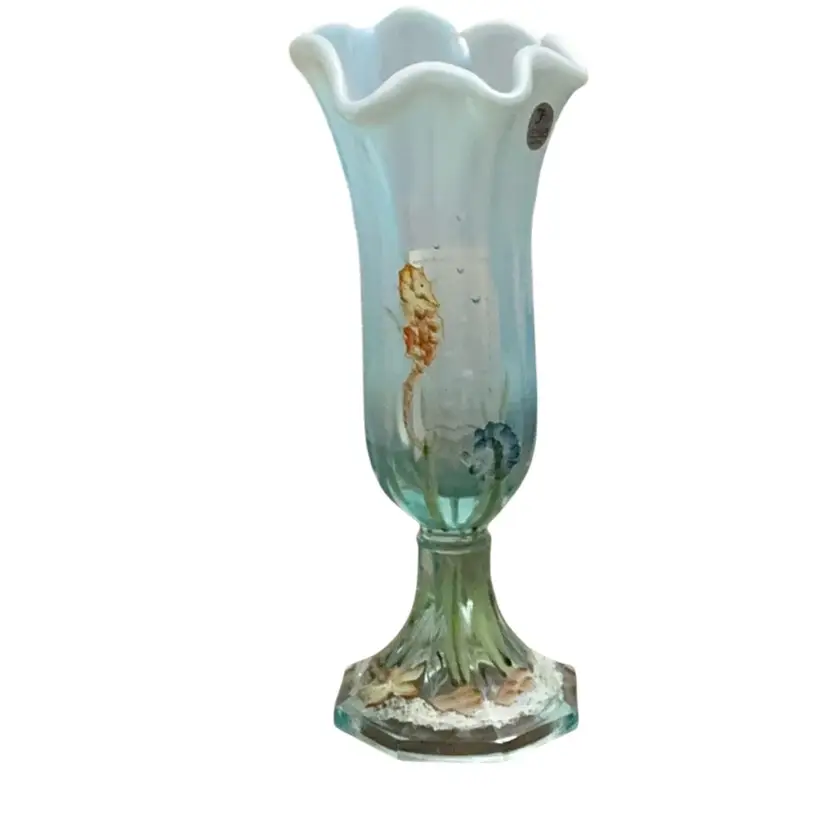 Fenton Aquamarine Stretch Underwater Dream Swung Vase HP By Christina Hall (1998) 12 1/4” X 4 1/2”-READ