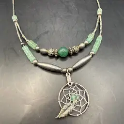 Liquid Silver & Jade Tiered Dream Catcher Necklace 18”