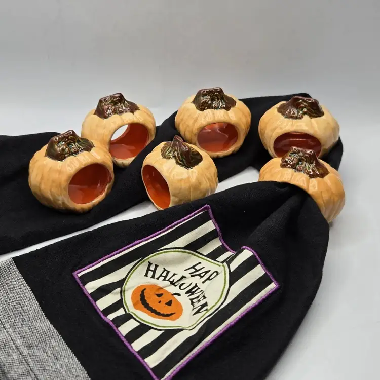 Vintage Artist Ceramic Pumpkin S/6 Napkin Rings Ceramic Fall • Autumnal • Signed