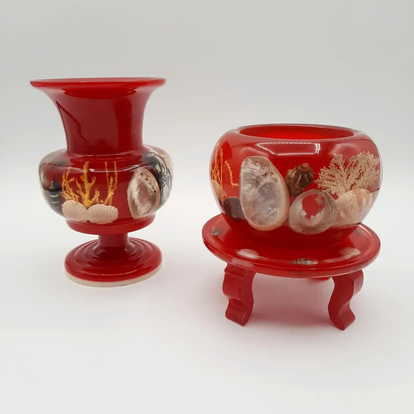 Vintage Red Lucite Seashell Coral Vase Vessel Candle Holder Planter Bowl Set of 2