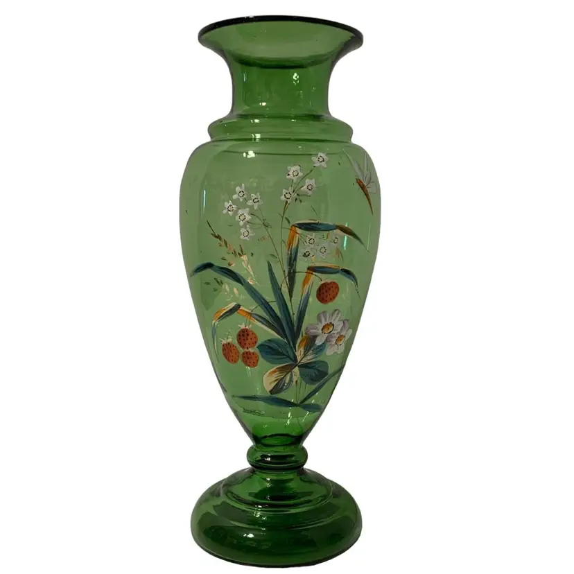 Victorian Bohemian Green Glass Enameled Vase