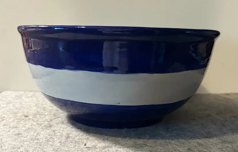 Blue and White Striped Ceramic Bowl 10.25" W x 5" D  Signed KJ3  # 2825