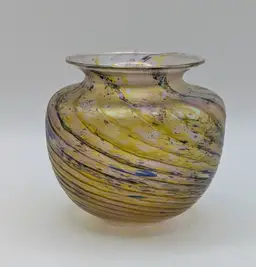 David P Salazar Art Glass Hand Blown Vase Gold Iridescent Swirl Signed and Dated