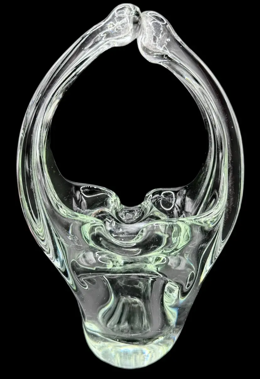 Vintage Clear Art Glass Handled Basket Vase 8”