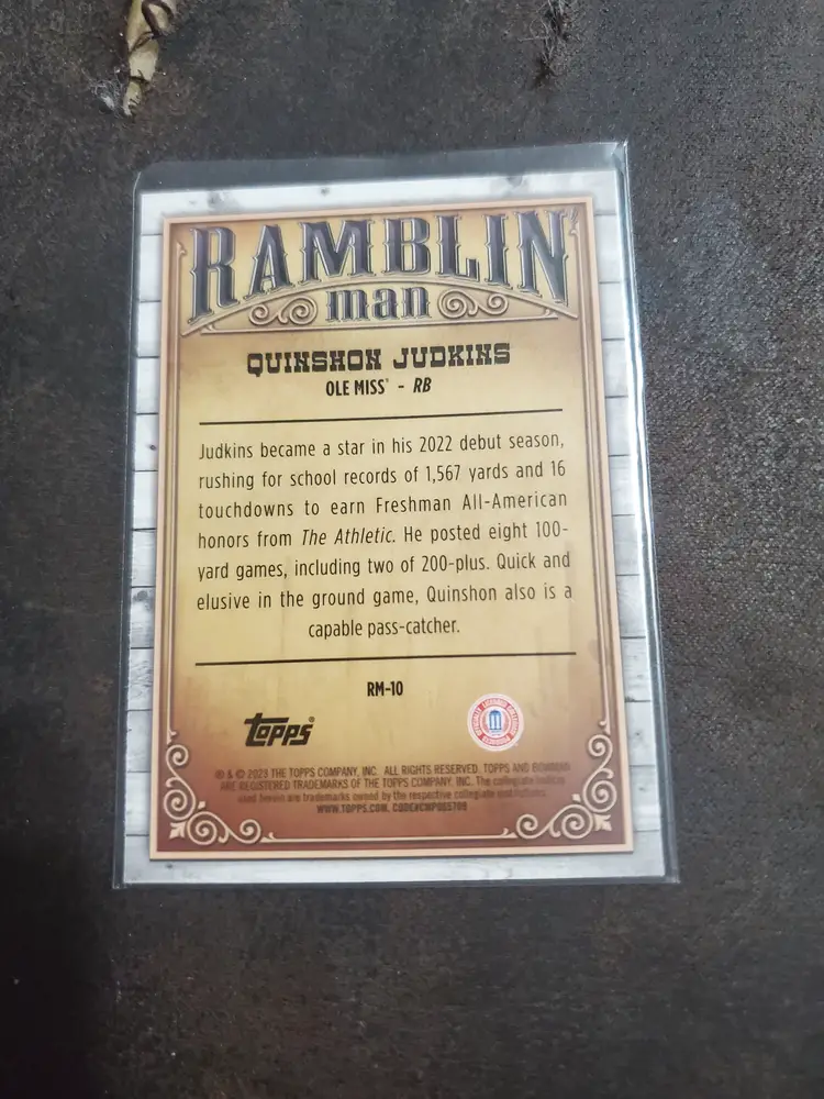 2023 Bowman Chrome University Quinshon Judkins Ole Miss Ramblin' Man Card