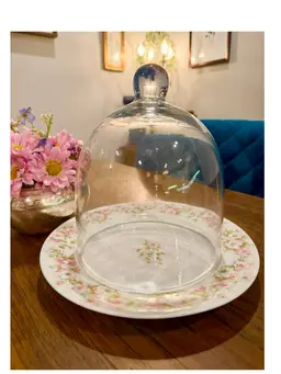 8x9” wide, Haviland Limoges rose garden plate with glass Cloche
