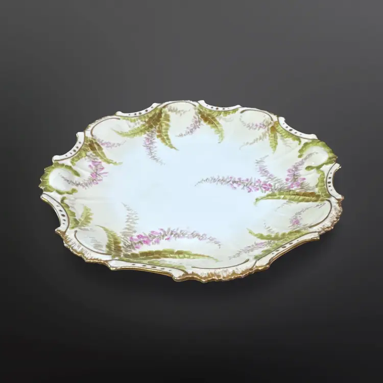 Antique Limoges France LDBC Flambeau Hand Painted Scalloped Edge Plate Pink Green Floral Design Gold Accents Artist Signed