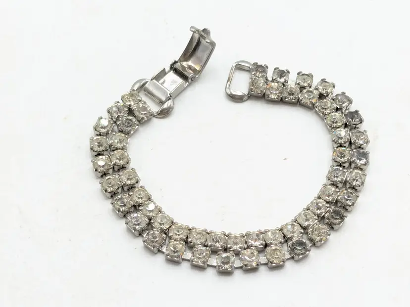 Vintage Coro Pegasus Rhinestone Double Strand Silver Tone Bracelet