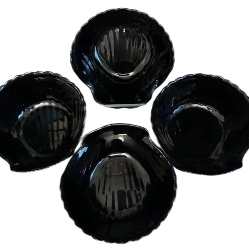Set Of 4 Vintage MCM Arcoroc Coquillage Black Glass Sea Shell Shaped Bowls 4.5”
