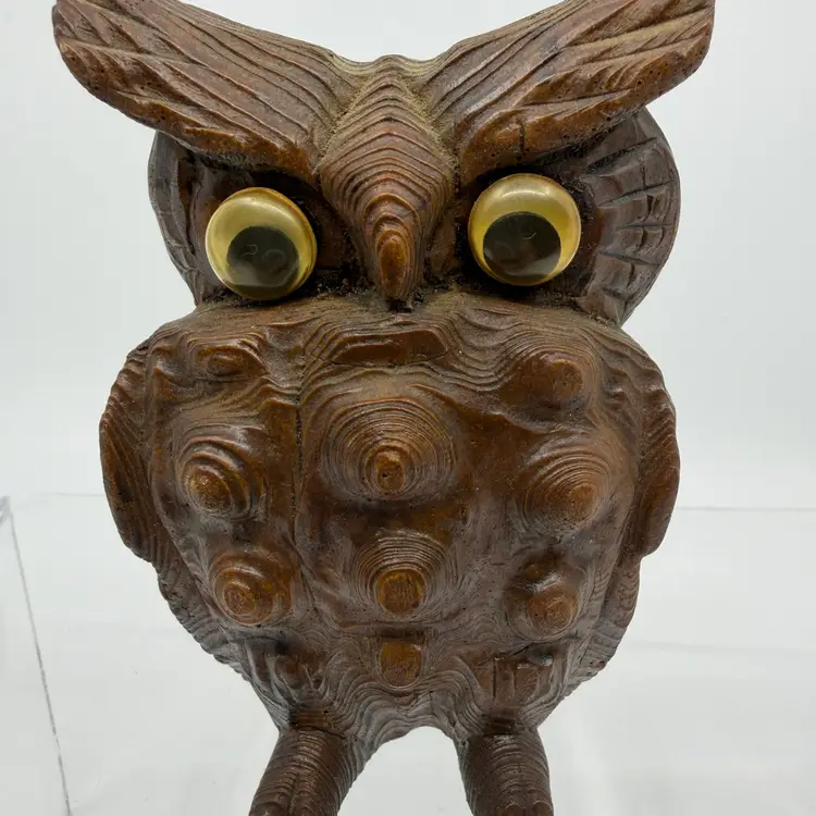 Vintage Owl Sculpture Figurine Hand Carved Resin Googly Eyes