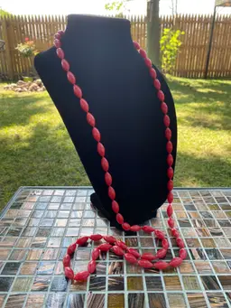 Vintage Plastic Red Oval Bead Rope Style Necklace 53"