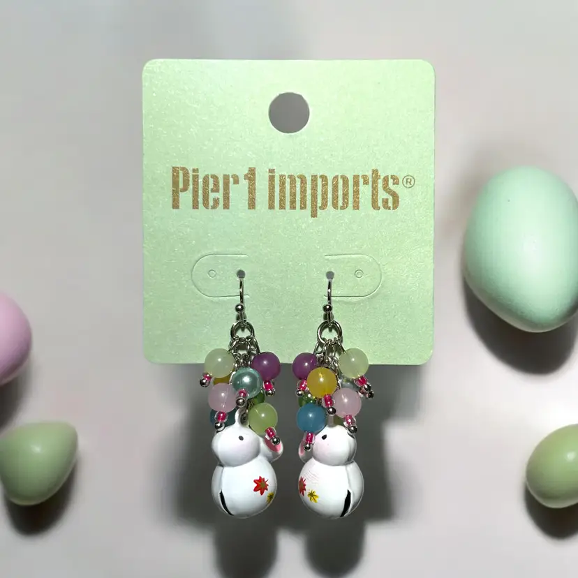 NEW Pier 1 Imports White Pink Bunny Rabbit Charm Jingle Dangle Bead Hook Earring