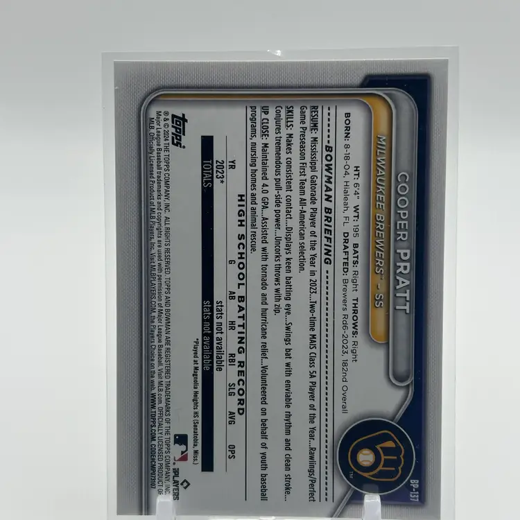Cooper Pratt 2022 Bowman 1st Paper Milwaukee Brewers