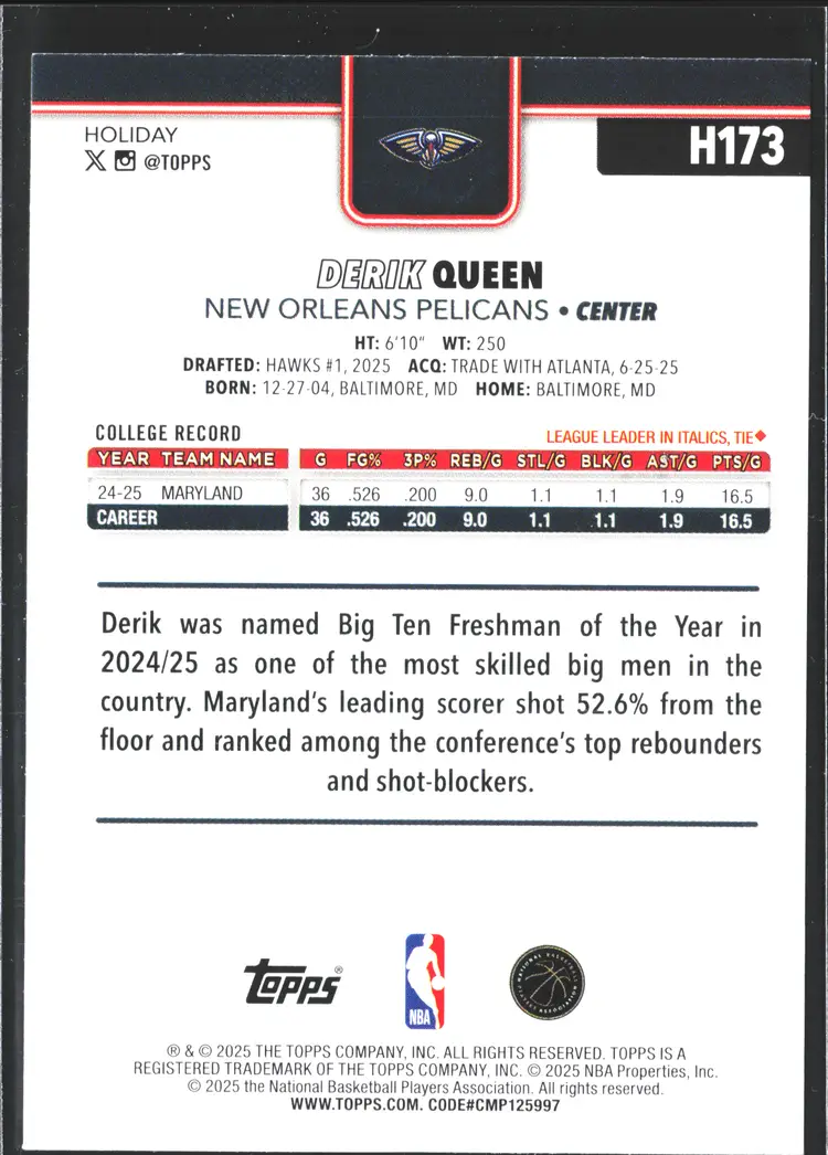 Derik Queen Silver Glitter parallel 2025 Topps Holiday Rookie Card New Orleans Pelicans