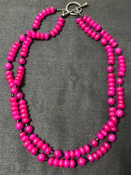 Fuschia Jadeite Double Strand Round & Faceted Beaded Necklace
