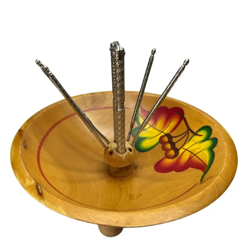 Vintage Wooden 3 Footed Nut Bowl Set With Nutcracker And 4 Pics 9” Diameter