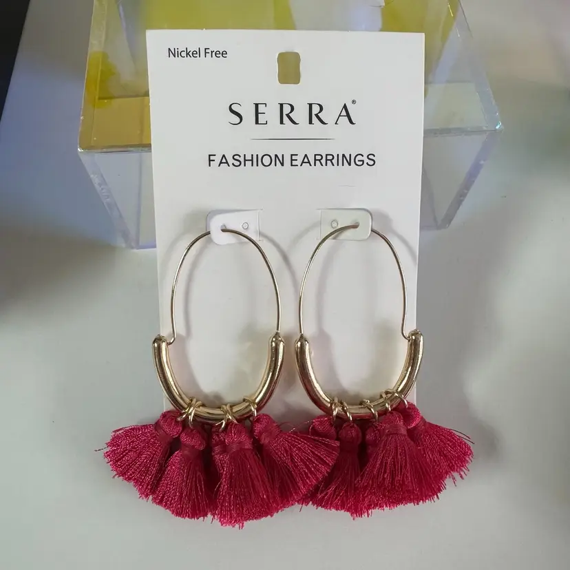 NEW! Post Back Hoop Pierced Earrings About 2.5” Gold Tone Metal Fabric Tassels Are Removable