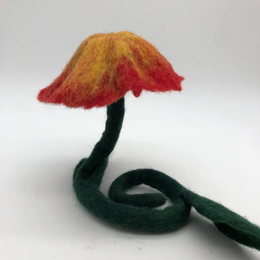 Red Orange Felted Wool Flower or Mushroom with 18”L wired stem Handmade