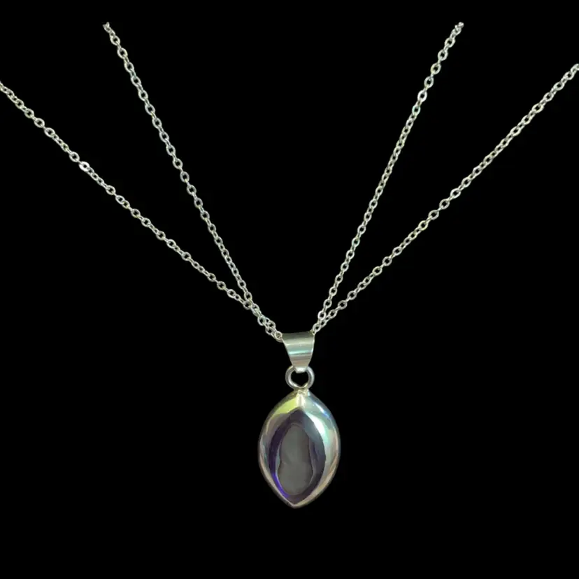 Beautiful Double Strand Silvertone Chain ( Not Sterling ). With Mexico Sterling Silver Pink / Purple Abalone Shell Pendant. Tear Drop Shape Pendant Marked Mexico. Pendant Been Test Acid & Magnetic.