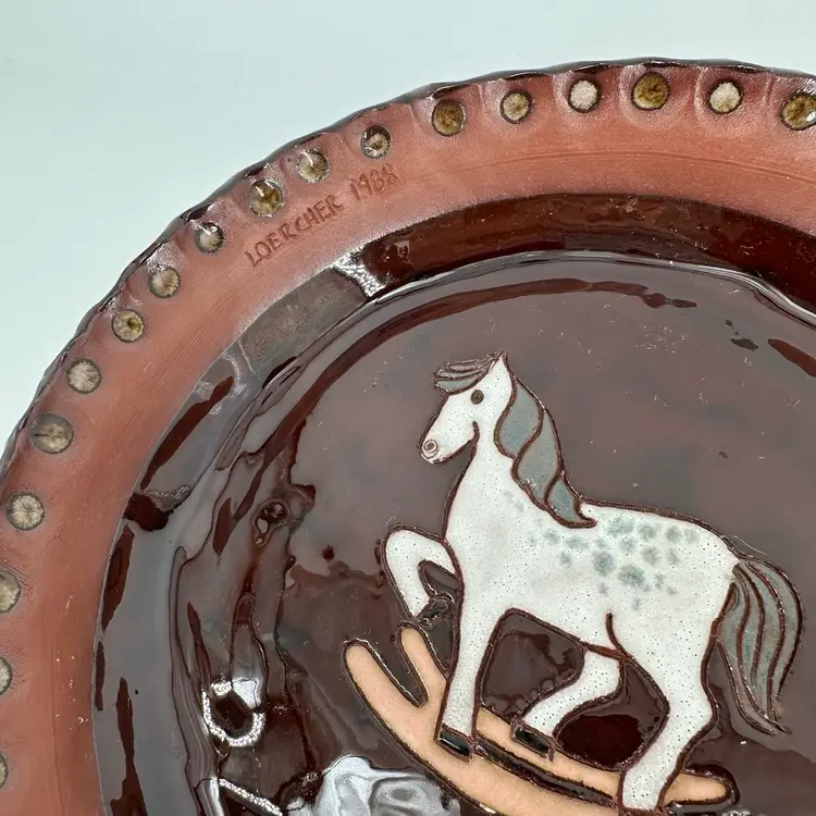 Vintage Loercher Studio Pottery Redware Rocking Horse Pie Plate