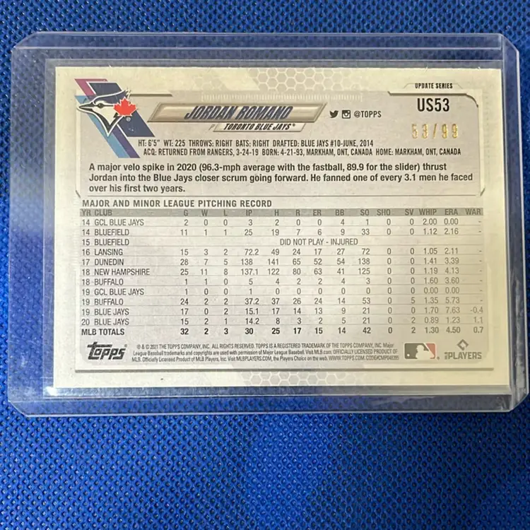 2021 Topps Update Series Jordan Romano US53 Vintage Stock 53/99