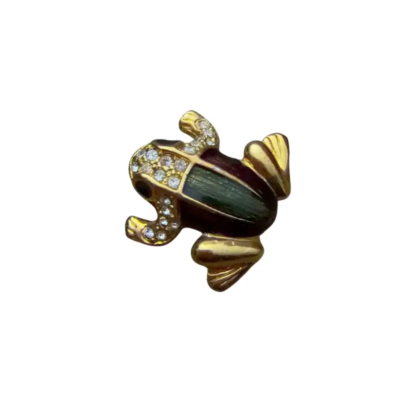 Vintage Gold Tone Enamel  RHINESTONES FROG TOAD BROOCH