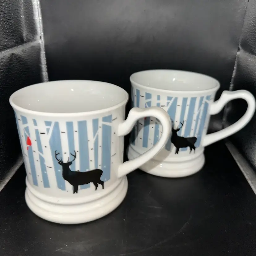 NWOT Stonewall Kitchen Winter Cardinal Deer Birch Tree Scene Coffee Mug Set of 2