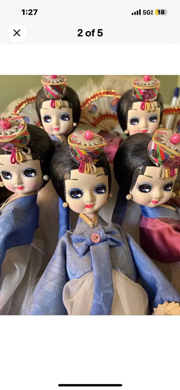 Vintage Korean Native Dolls Traditional Dress Hanbok Fan Dancers Handmade