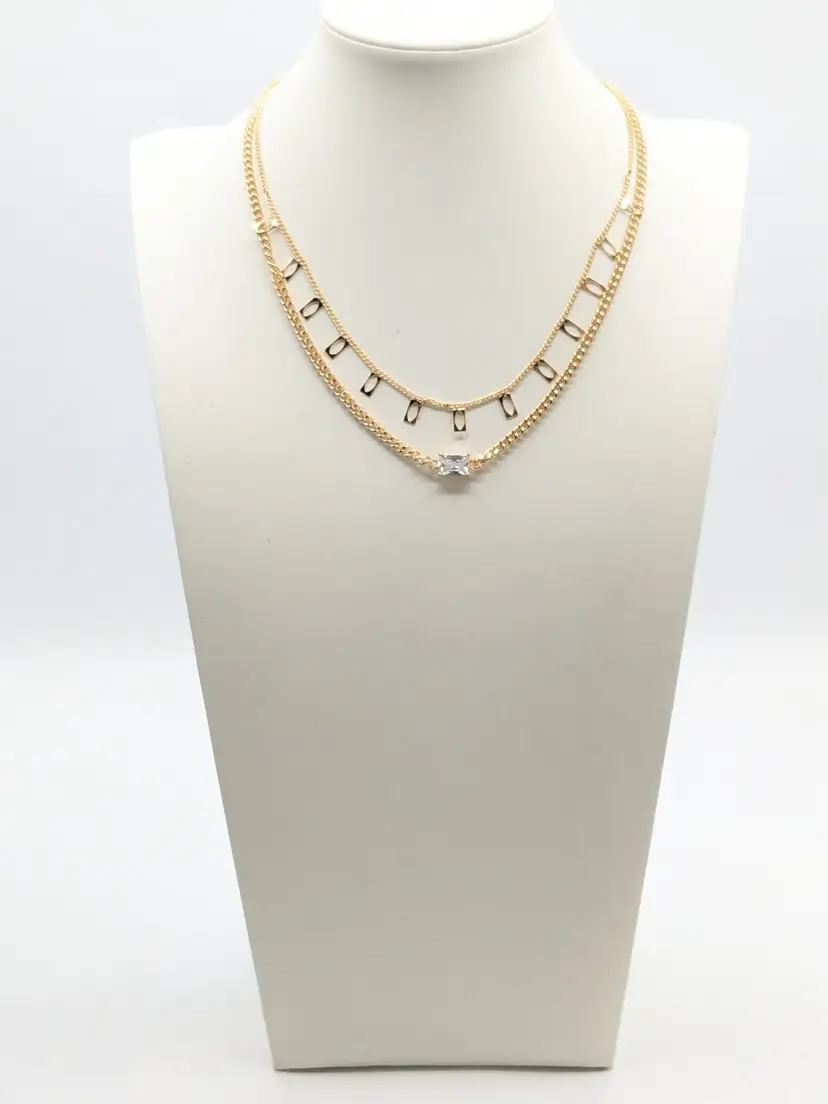 Jennifer & Company Gold Tone Layered Chain Necklace with Clear Rhinestone NWT
