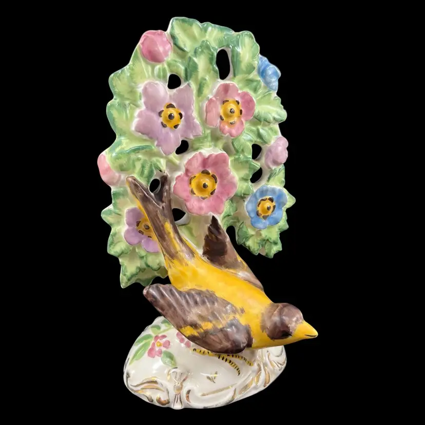 Porcelain Yellow Bird Flower Bush Tree Hand Painted Figurine