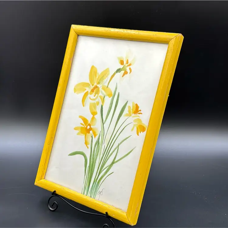 Cottage looking picture with a frame July’s birth, flower, watercolor hand painted with makers mark