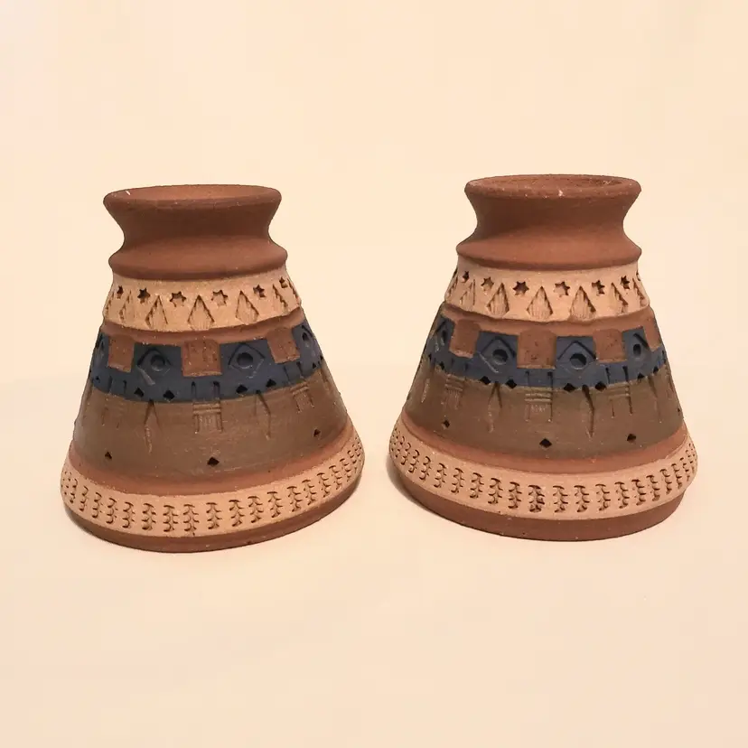 Studio Pottery J. Wasechek Candle Holders Terracotta Signed Dated 1998 set of 2