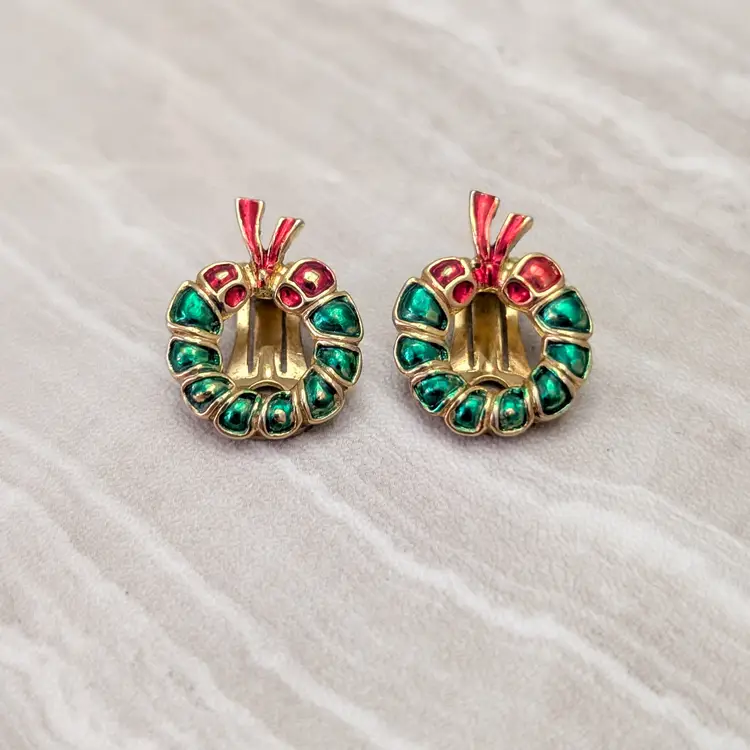 Vintage Clip On Earrings Christmas Wreath Earrings - Some Wear