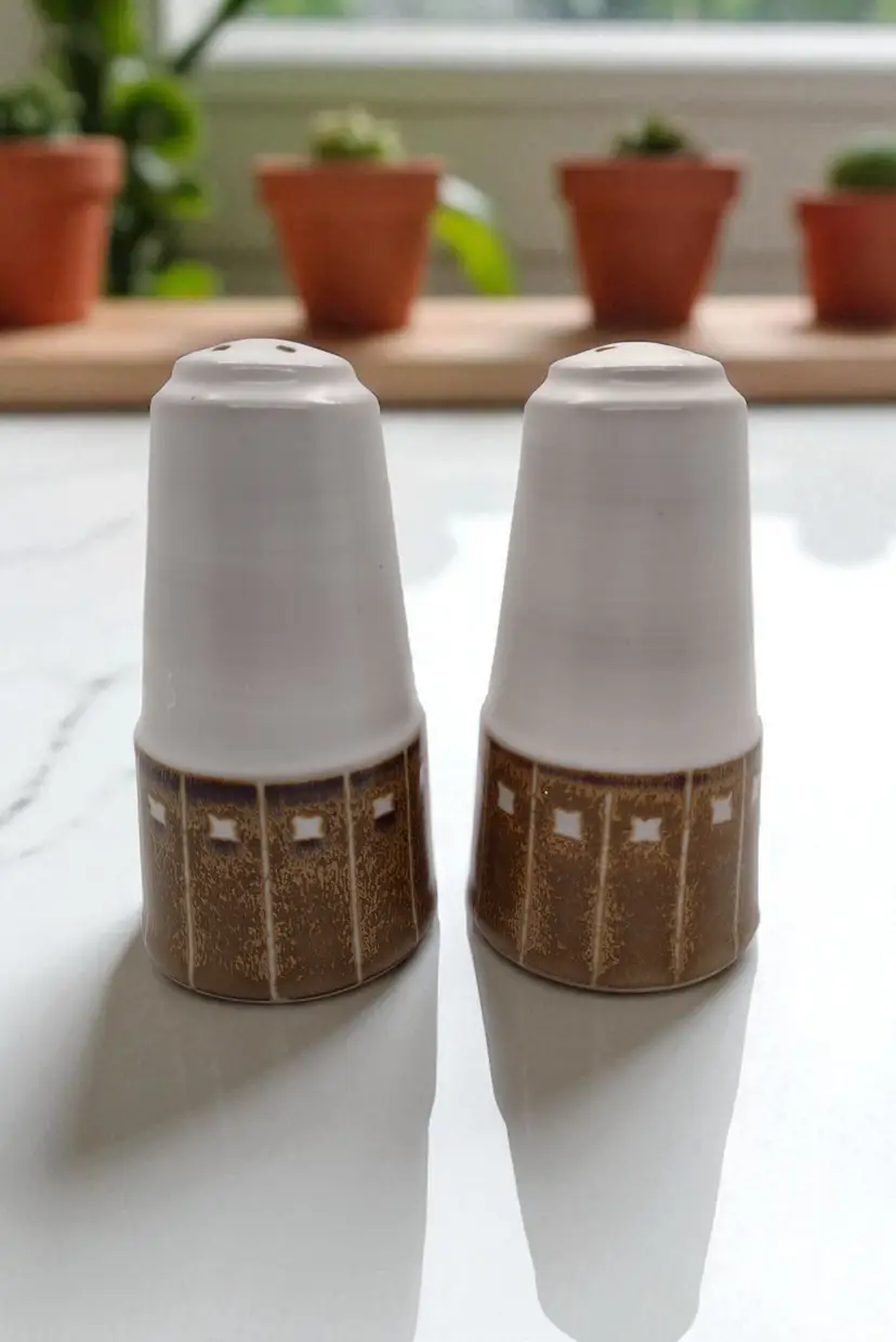 Kasuga Showa Japan MCM Stoneware Salt Pepper Shakers Vintage Retro Dining Boho