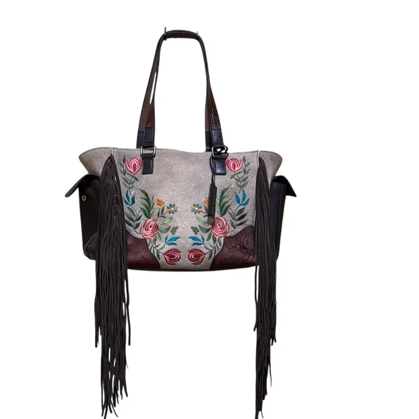 ARIAT Women's Audrey Collection Tooled Brown Leather Canvas Flower Fringe Tote NWOT