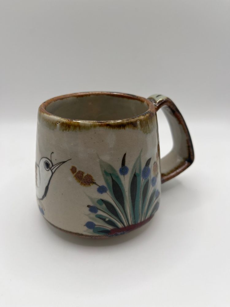 Vintage Ken Edwards Tonala Mexican Pottery Mug Coffee Cup Blue Brown Green White Bird Butterfly Signed