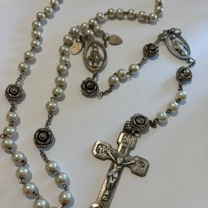Vintage Large Rosary ,Italy And Glass White Beads 30” With 15” Drop