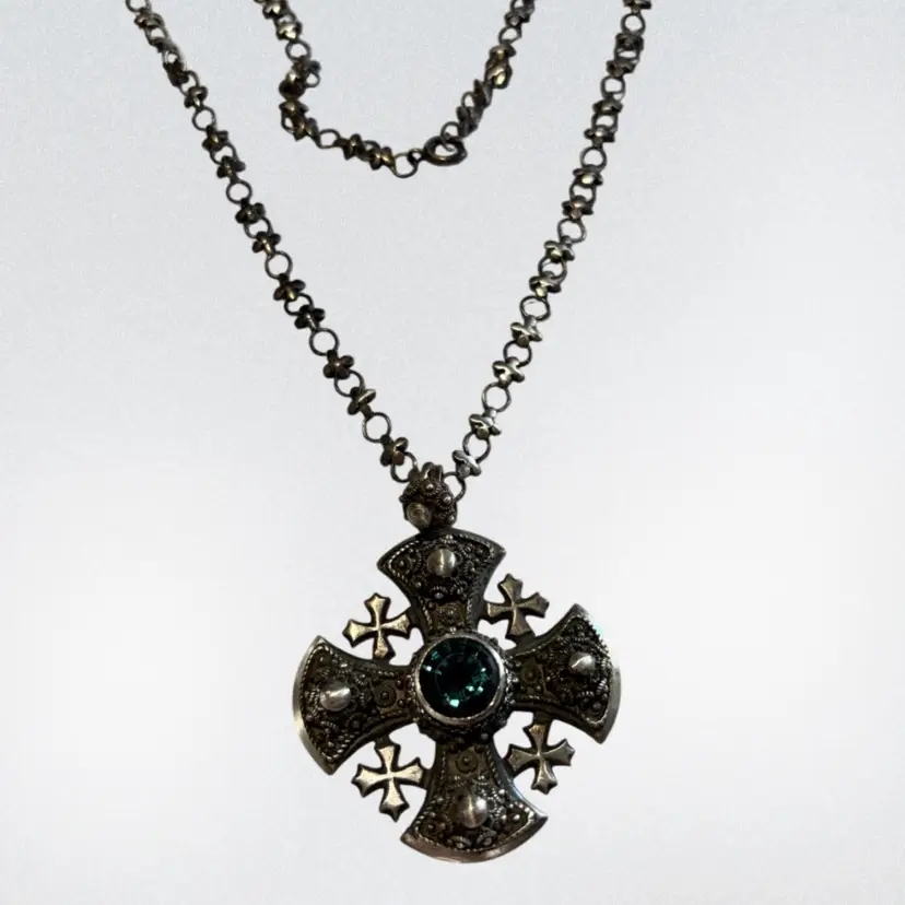 Gorgeous Vintage Jerusalem Cross On An Amazing Chain All Sterling Silver With Green Spinal In The Center. Chain Is 18”  Cross Is 2” Wide And 2 1/2” Tall Including Bale